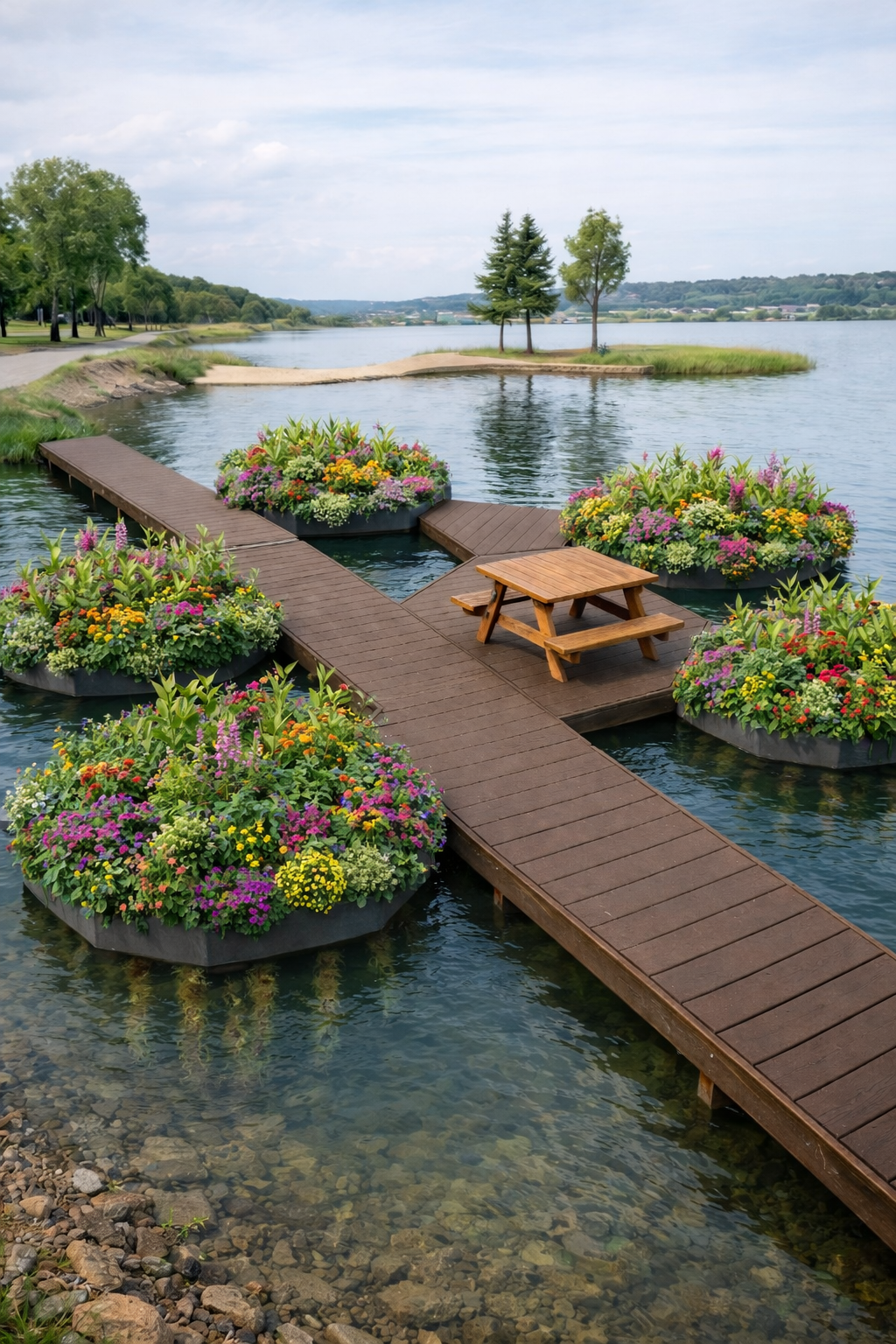 Illustration d'un écoparc: les îlots peuvent être combinés avec du mobilier pour améliorer le paysage'